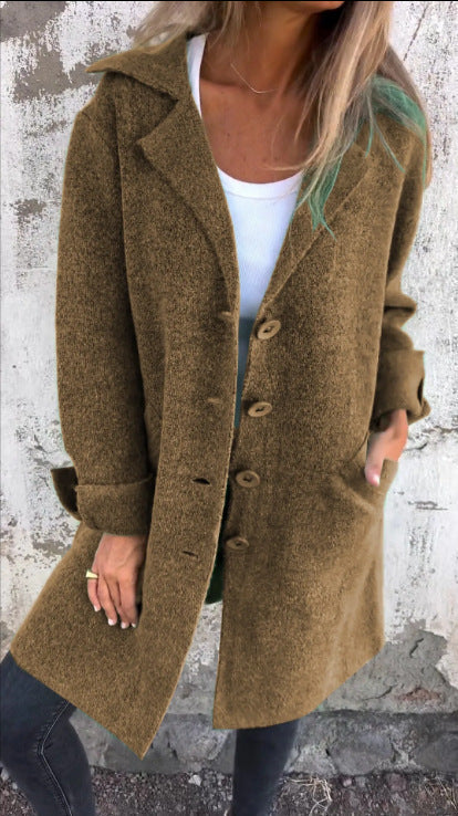 Women's Elegant Oversized Wool Coat with Full Button Placket and Practical Pockets