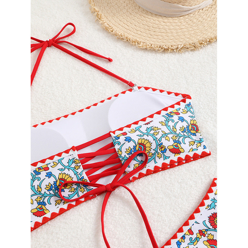 Women's Floral Bandeau Bikini with Ruffle Hem