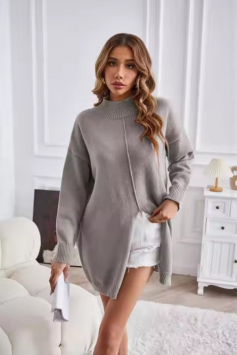 Women's Chunky Knit Sweater with High Collar and Asymmetrical Cut