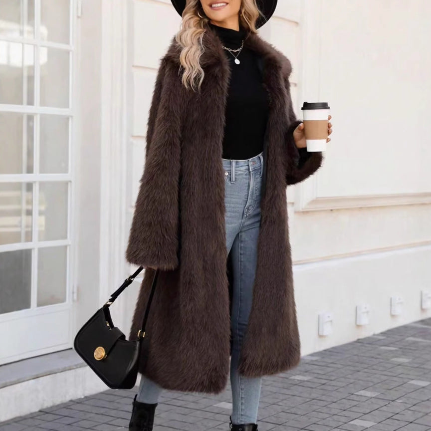 Women's Fluffy Faux Fur Coat with Soft Lapel