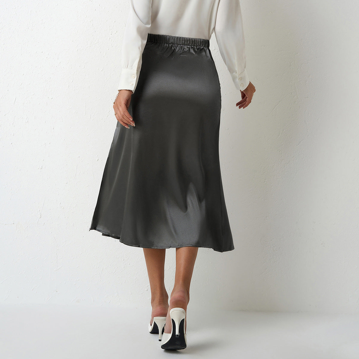 Women's Elegant Satin Midi Skirt with Flowing Cut and High Waist