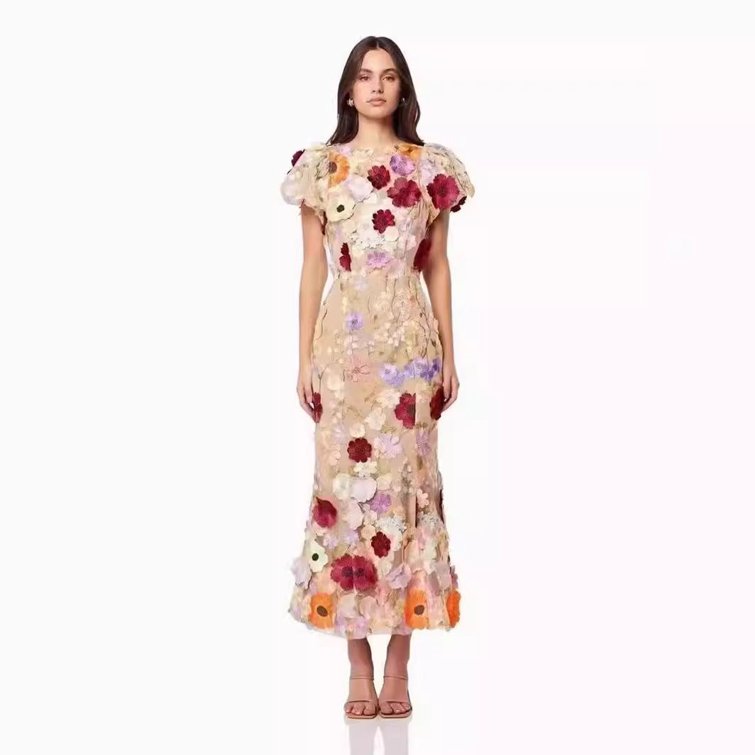 Women's Floral Dress with 3D Flower Appliqués