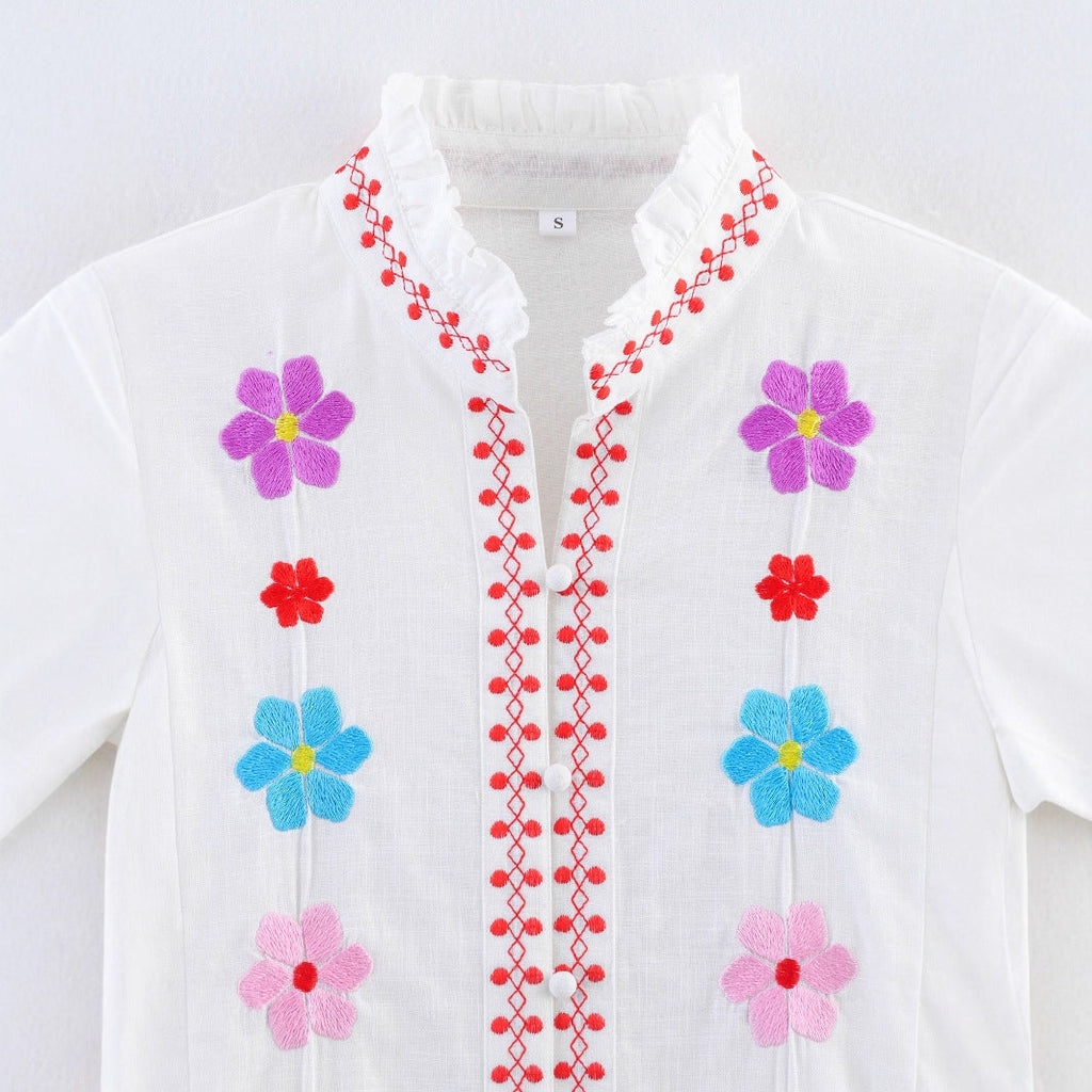 Women's Blouse with Colorful Embroidery and Romantic Ruffle Design