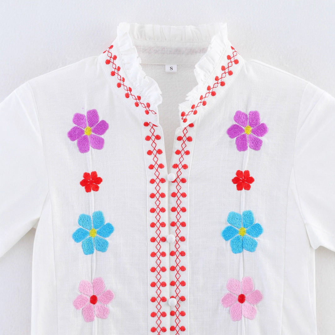 Women's Blouse with Colorful Embroidery and Romantic Ruffle Design