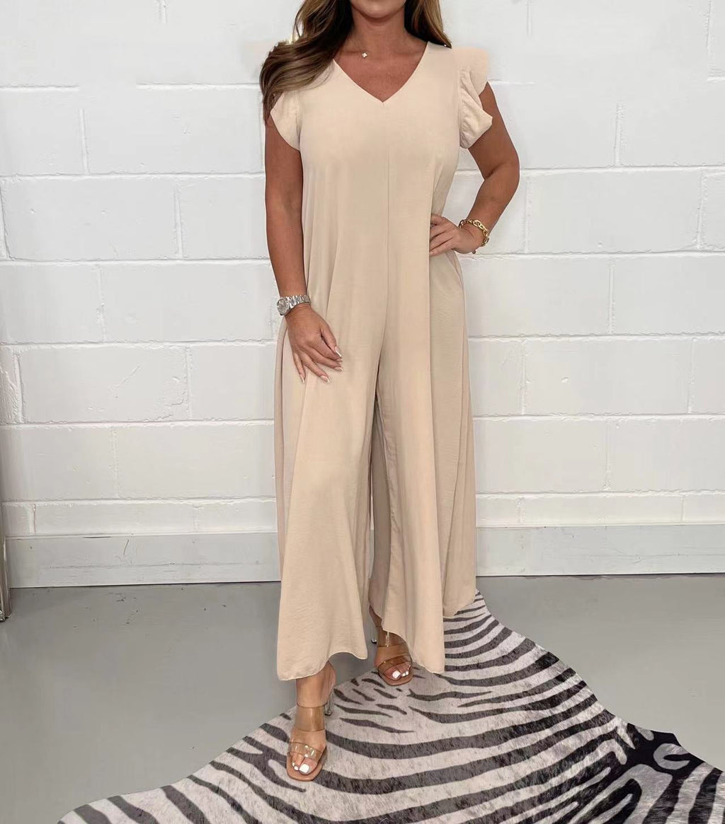 Women's Casual Jumpsuit with Flowing Cut and V-Neck