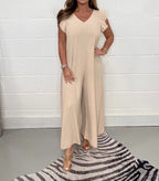Women's Casual Jumpsuit with Flowing Cut and V-Neck
