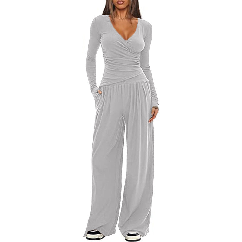 Women's Elegant Wrap Jumpsuit with Wide Leg and Fashionable Details