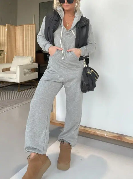 Casual Hoodie Jumpsuit with Deep V-Neck and Pockets