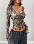 Women's Camouflage Long-Sleeve V-Neck Shirt