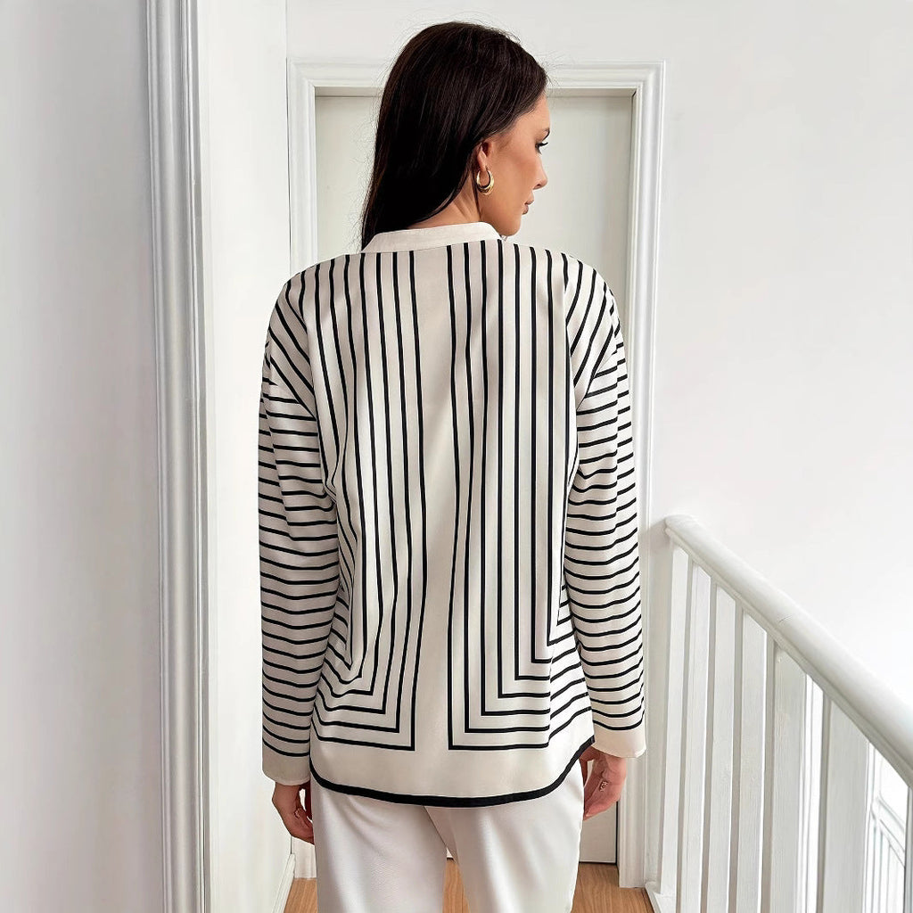 Button-Down Blouse with Vertical Stripes