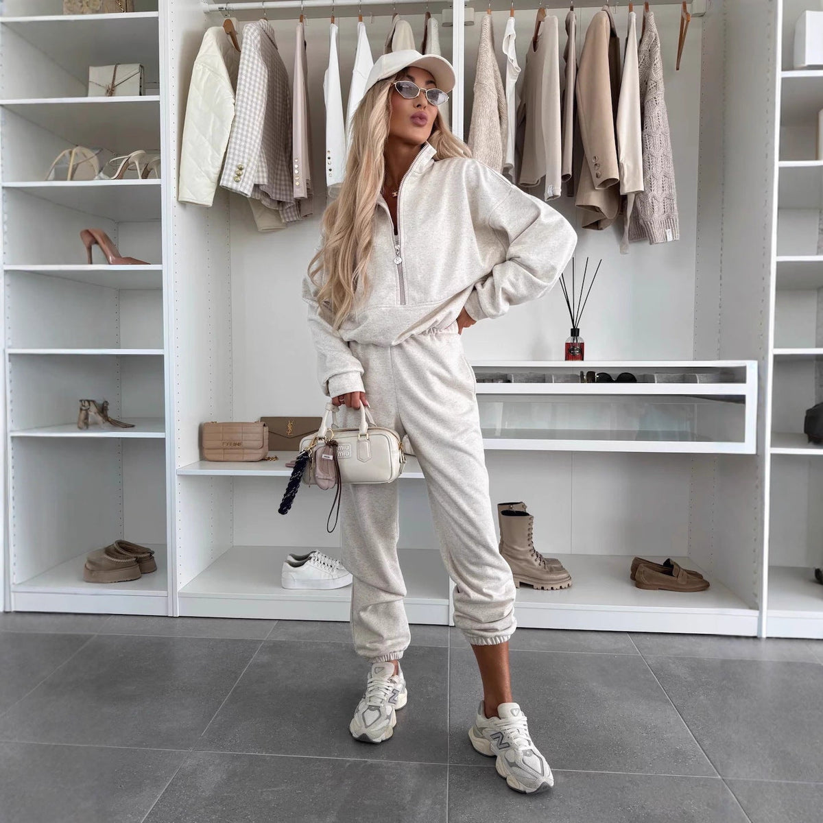 Women's Cozy Leisure Suit with High Neck and Patch Pockets