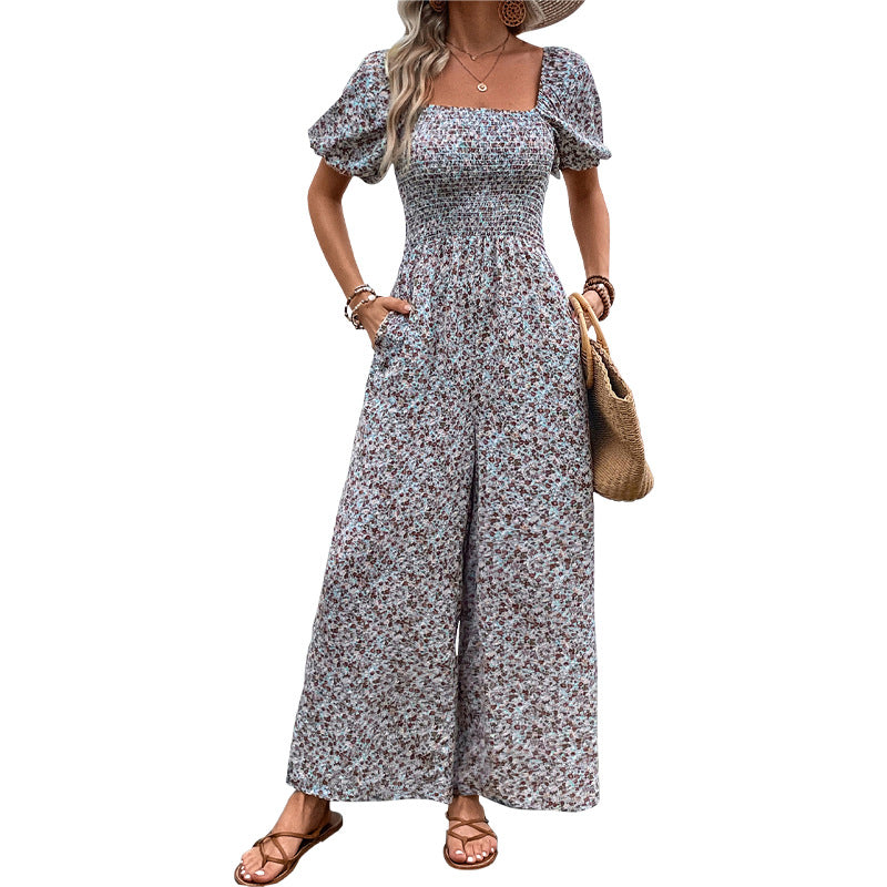 Women's Colorful Floral Summer Jumpsuit with Puff Sleeves