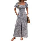 Women's Colorful Floral Summer Jumpsuit with Puff Sleeves
