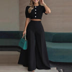 Elegant Short Puff-Sleeve Top and High-Waisted Palazzo Pants Set