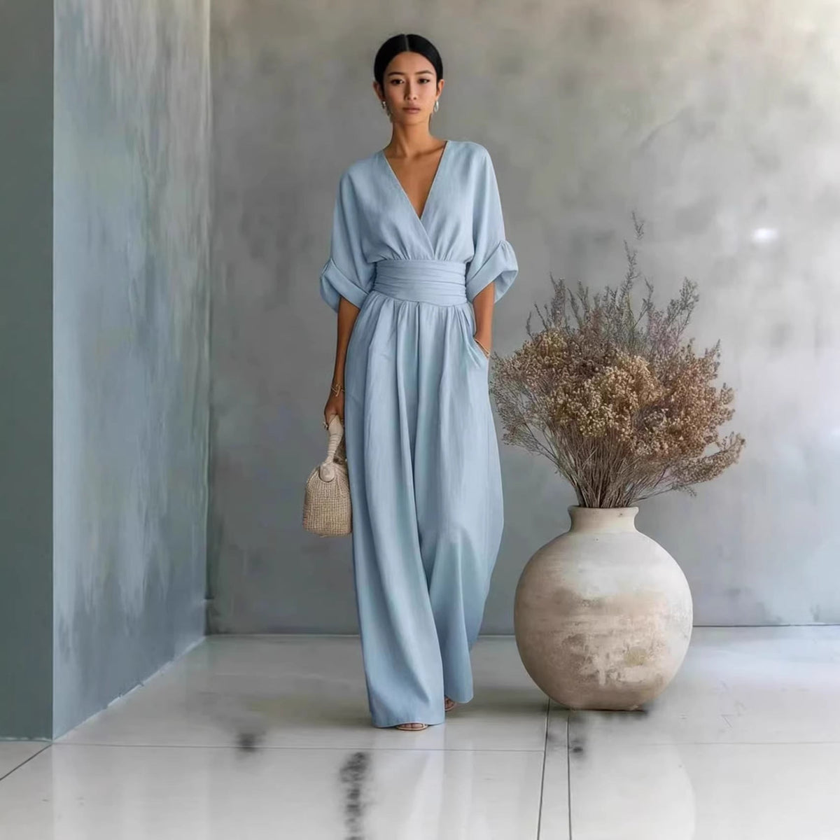 Women's Jumpsuit with Elegant V-Neck and Wide Leg