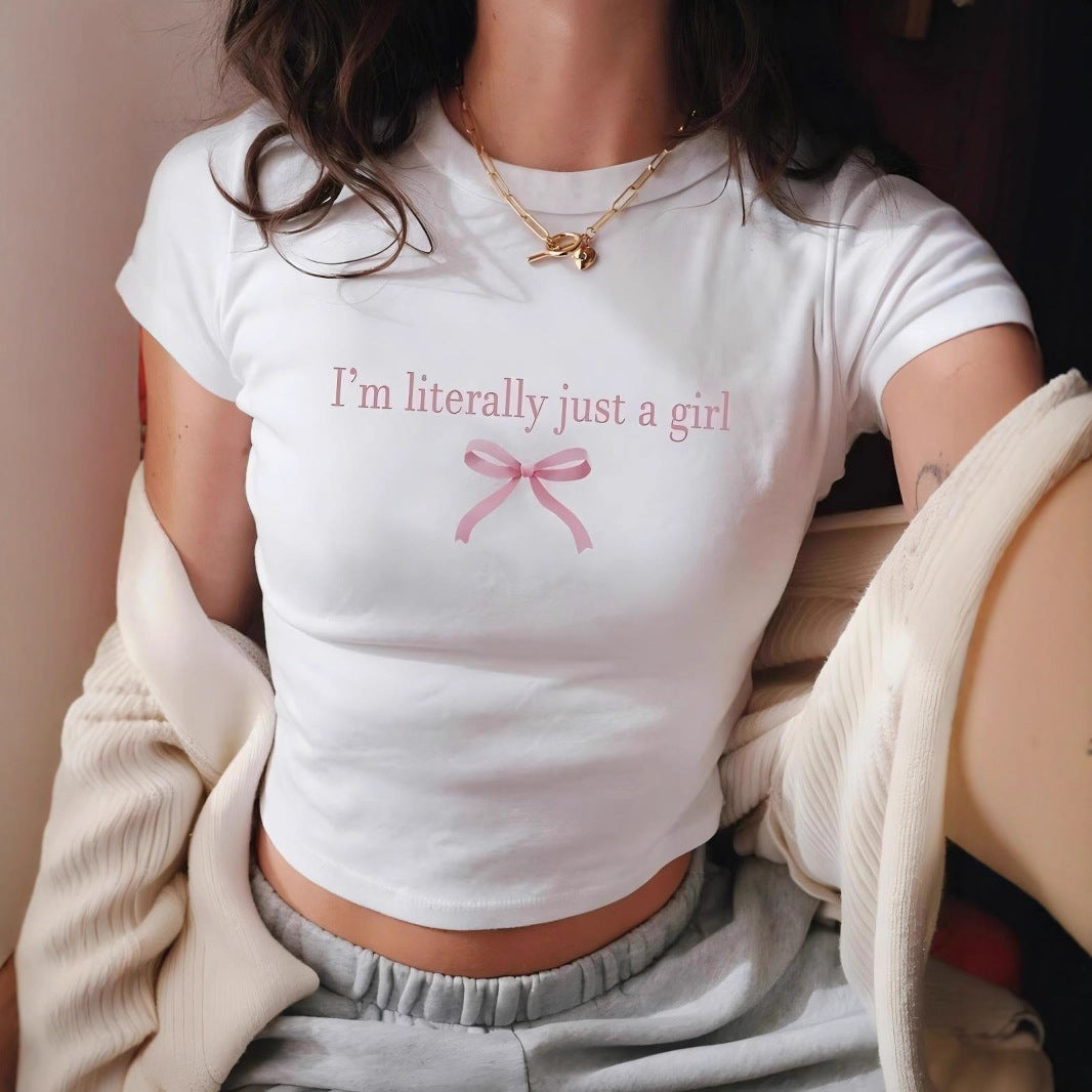 Women's Crop T-Shirt with Lettering and Bow Detail