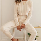 Women's Cozy Knit Ensemble with High-Cut Crop Top and Pants