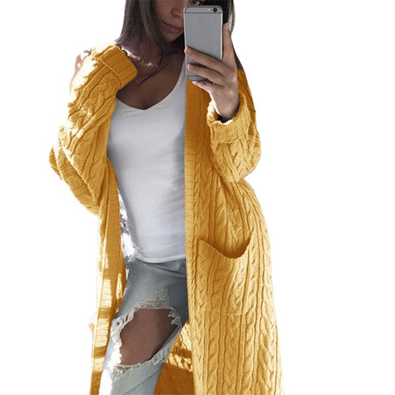 Women's Patterned Knit Coat with Pockets and Open Cut