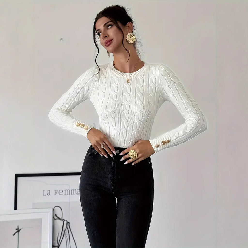Women's Chunky Knit Sweater with Decorative Button Details