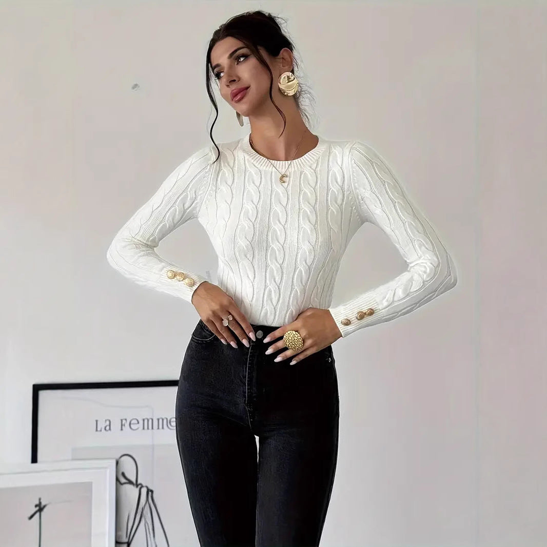 Women's Chunky Knit Sweater with Decorative Button Details