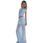 Elegant Off-Shoulder Maxi Set with Sheer Skirt and Gathered Top