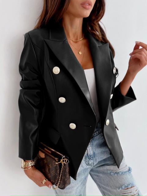 Women's Elegant Double-Breasted Faux Leather Blazer