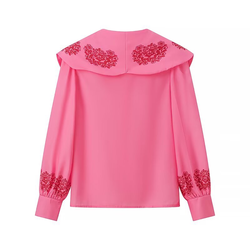 Women's Blouse with Voluminous Collar and Floral Embroidery