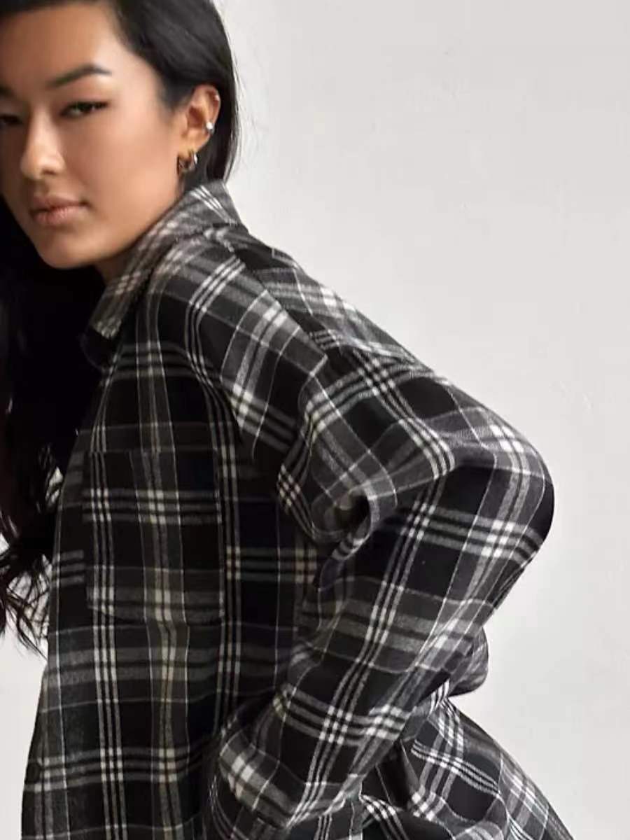 Women's Cozy Plaid Shirt with High Collar and Button Closure