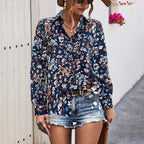 Elegant Women's Blouse with Modern Graphic Pattern and Deep Round Neckline