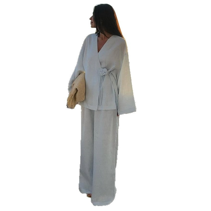 Women's Elegant Linen Suit with Refined Ruffles