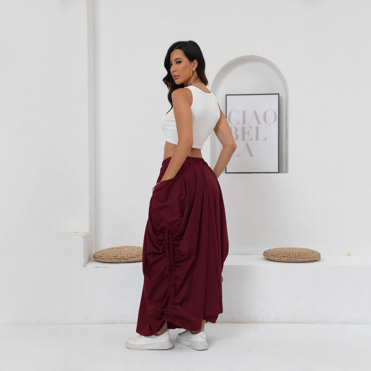 Women's Maxi Skirt with Side Ruching and Pockets