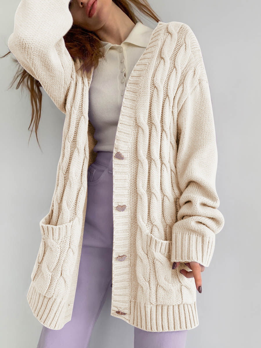 Women's Chunky Knit Cardigan with Heart-Shaped Buttons and Side Pockets