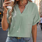 Women's Casual V-Neck Blouse with Chest Pocket and Rolled Sleeves