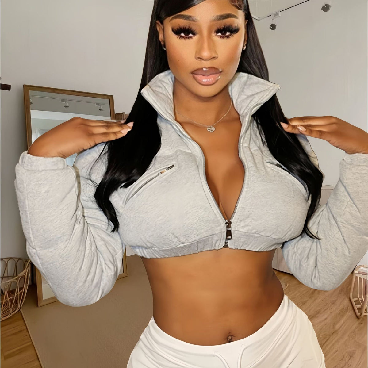 Women's Cropped Sports Jacket with Stylish Stand-Up Collar