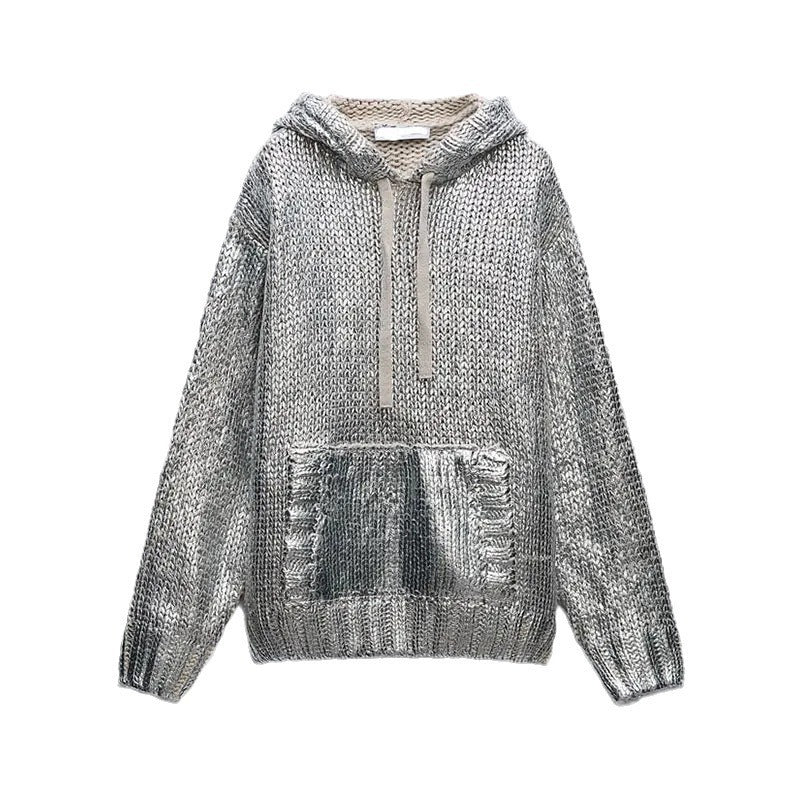 Women's Glitter Knit Hoodie with Kangaroo Pocket