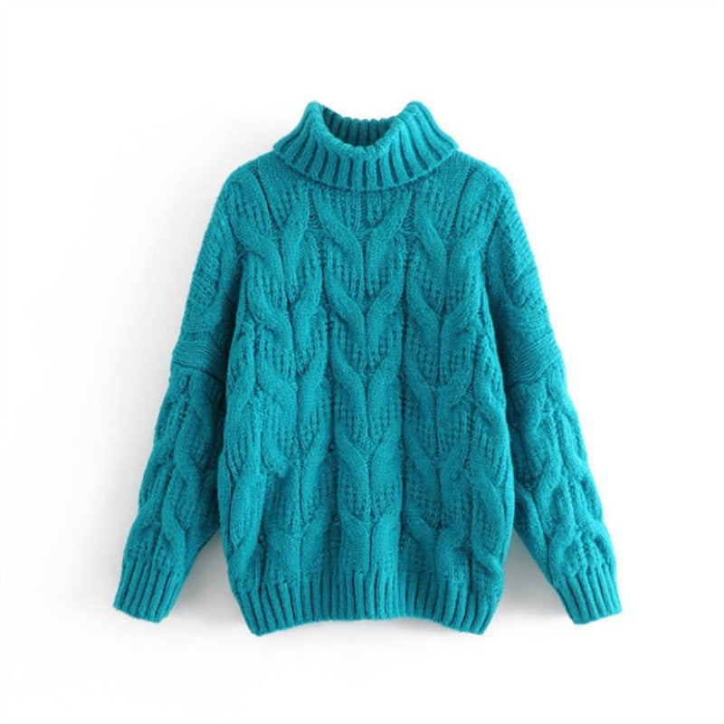 Women's Chunky Knit Sweater with High Collar and Elegant Cable Pattern