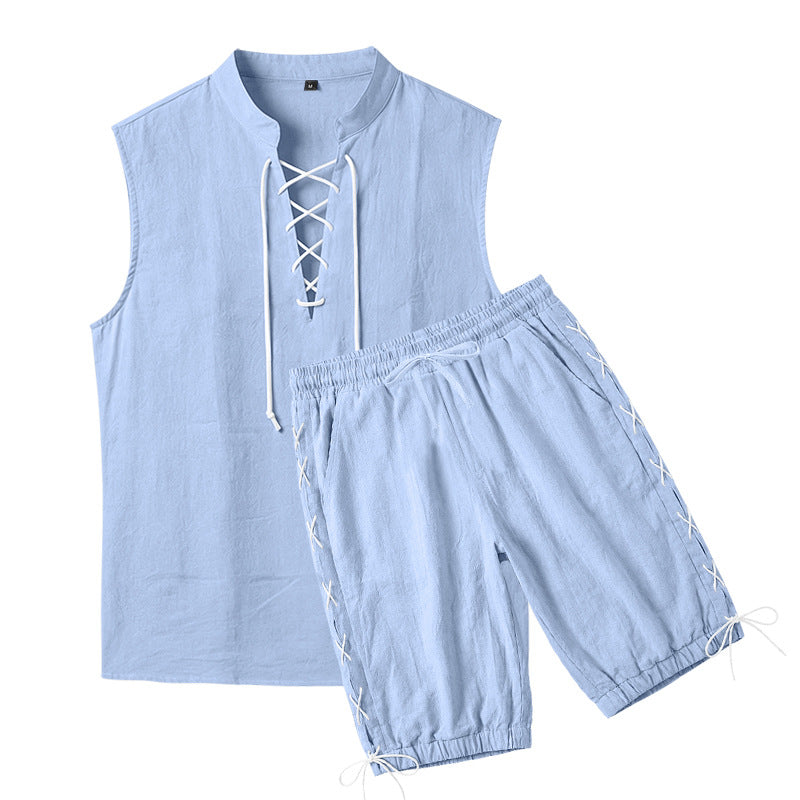 Men's Sleeveless Leisure Set with Lace Collar and Drawstring Bermuda