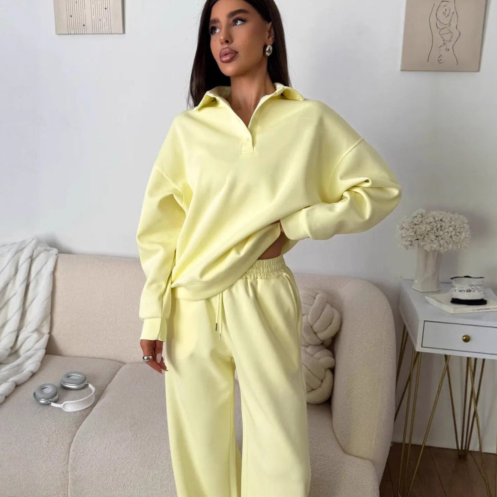 Women's wide Polo lounge set with elastic drawstring waistband and wide-leg jogging pants