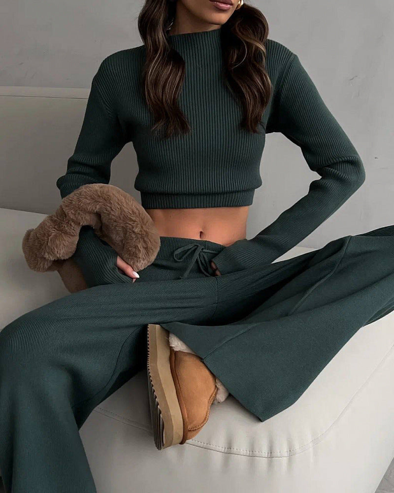 Women's Elegant and Casual Knit Ensemble with High-Cut Top and Wide Cut