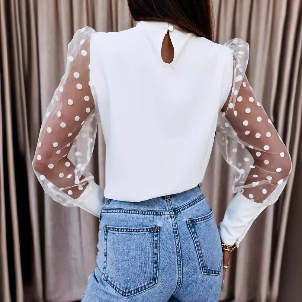 Women's Blouse with Sheer Puff Sleeves and Polka Dot Pattern