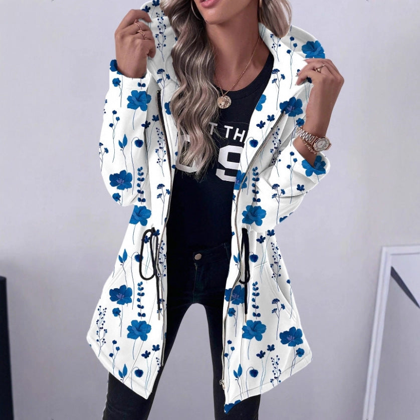 Women's Floral Print Coat with Hood and Full-Length Zipper