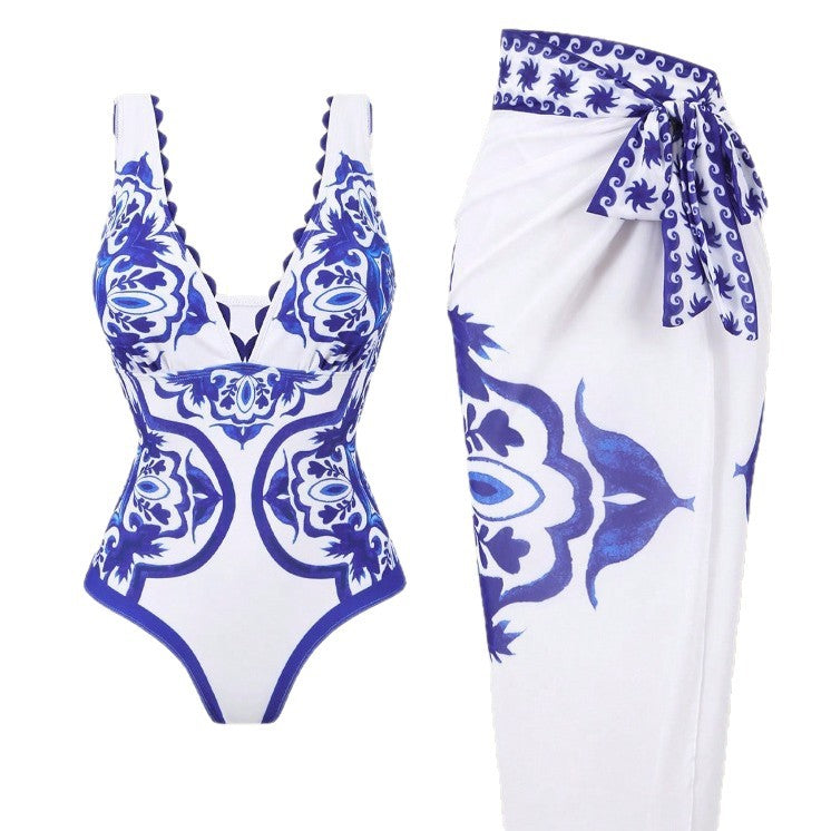 Women's Jacquard Swimsuit with Wrap Skirt