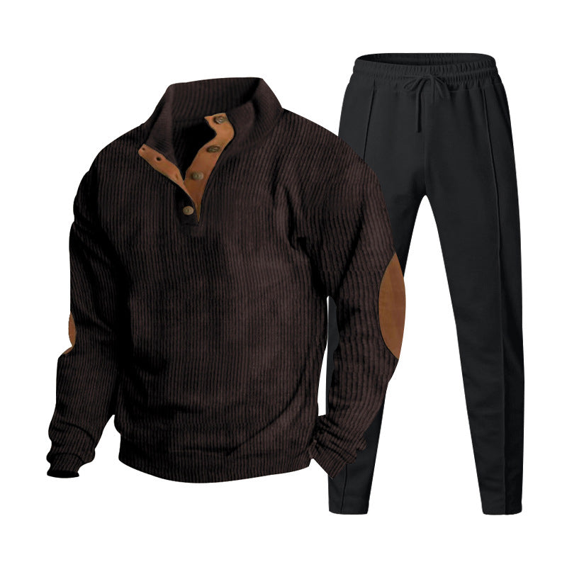 Men's Structured Henley Loungewear Set with Elbow Patches & Tapered Jogger Pants