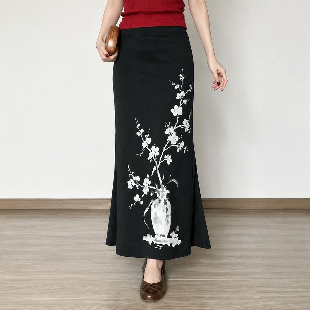 Women's Flared Maxi Skirt with Floral Vase Print