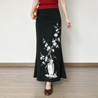 Women's Flared Maxi Skirt with Floral Vase Print