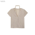 Women's Short-Sleeve Blouse with V-Neck and Tie Belt