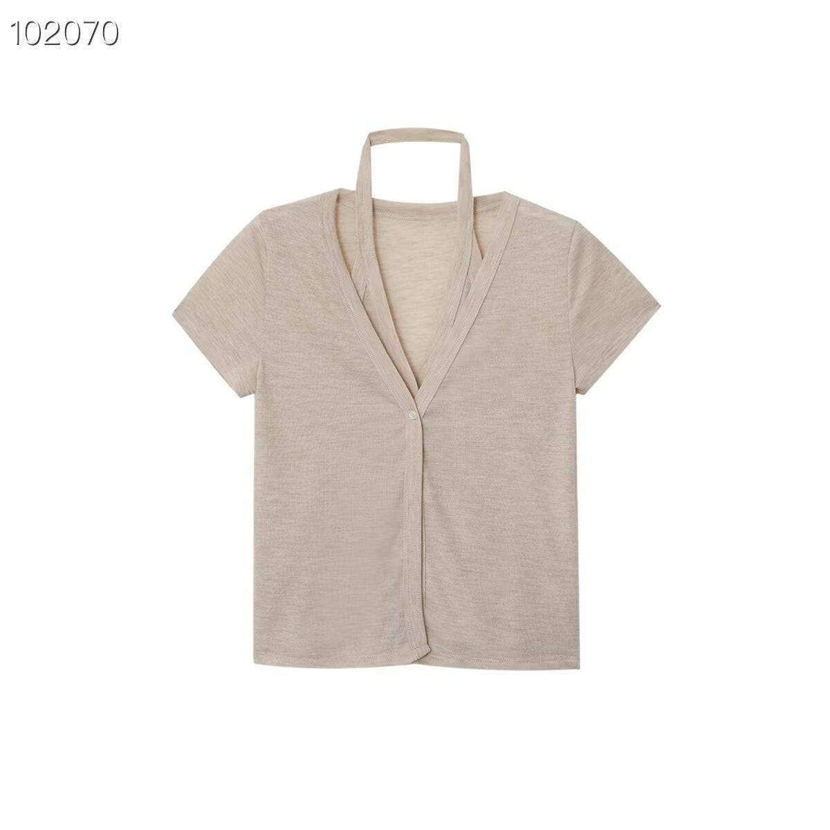 Women's Short-Sleeve Blouse with V-Neck and Tie Belt