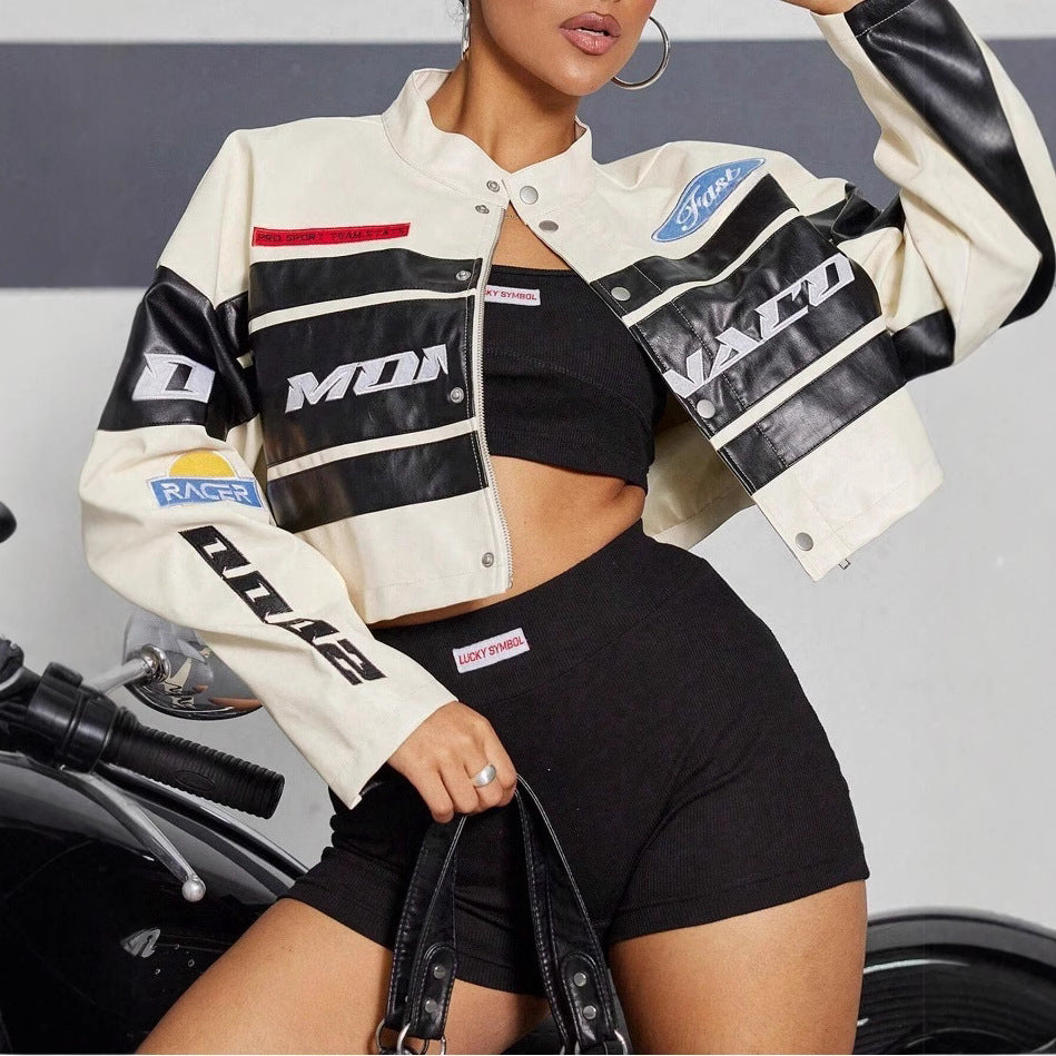 Women's Cropped Biker Jacket with Branding Elements