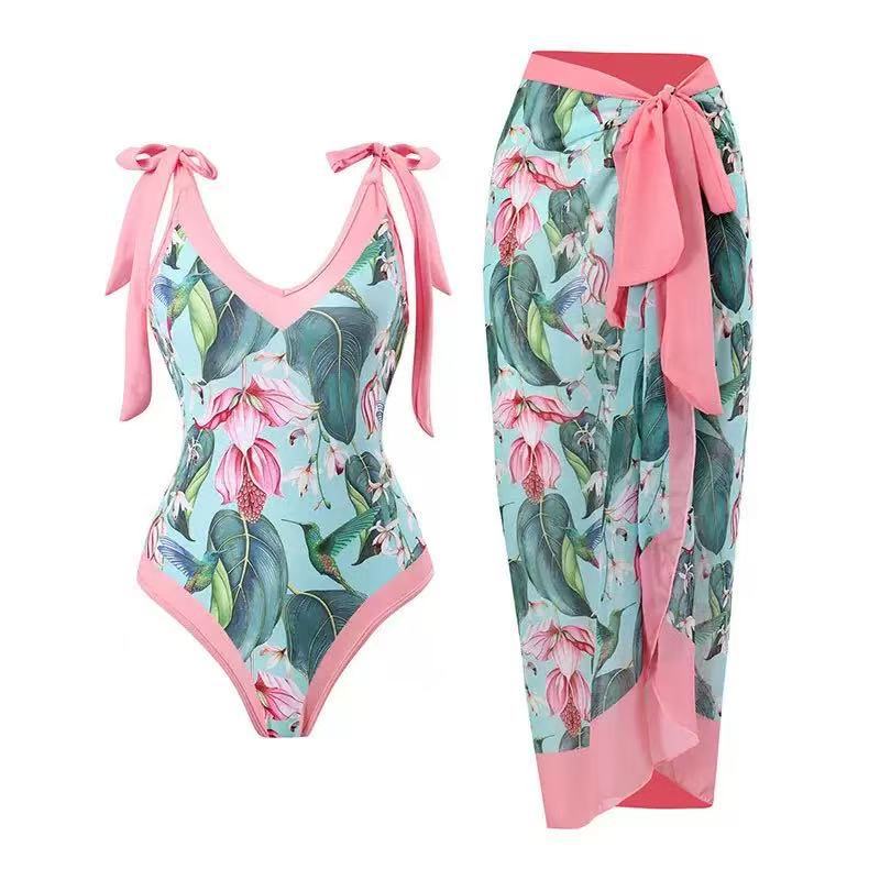 Women's Floral Swimsuit with Sheer Wrap Skirt