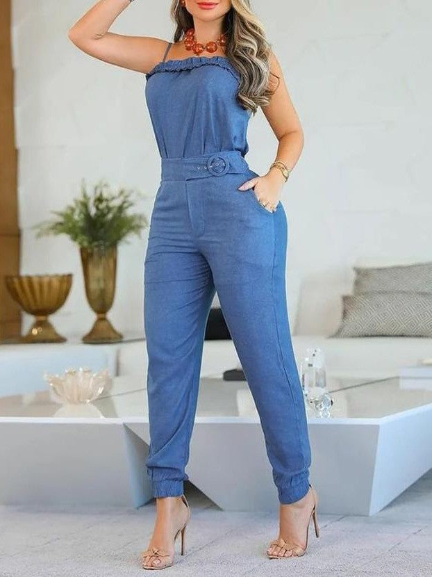 Women's Casual Jumpsuit with Ruffle Details and Adjustable Waist Belt